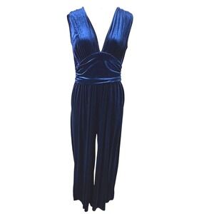 Cider Navy Blue Velvet Jumpsuit XL Plunge Neck Wide Leg